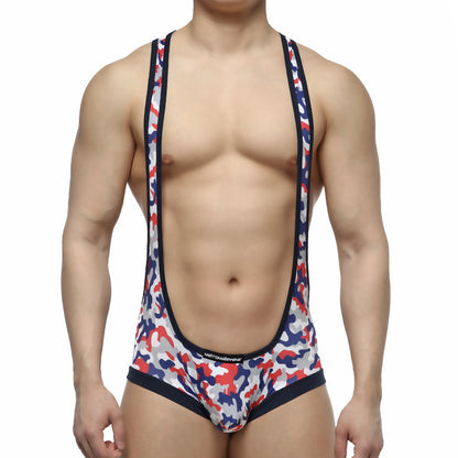 MetroMaleWear camo red wrestler 2093-92 men’s singlet with red white and blue camouflage pattern and black trim