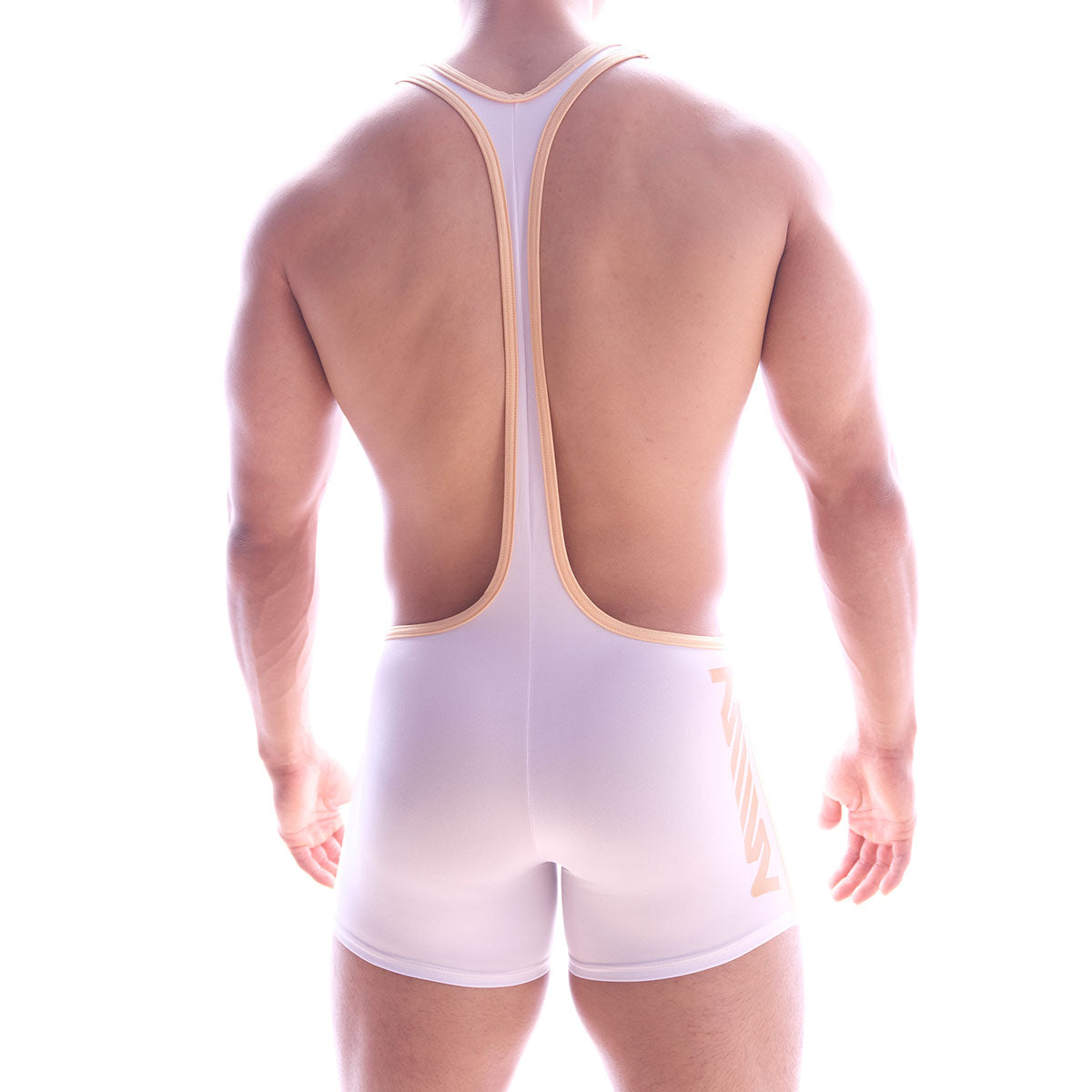 MetroMaleWear Olympian white wrestling singlet with beige trim and diagonal stripe for competitive use