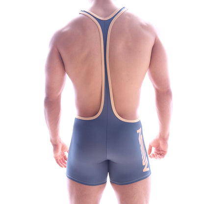 Blue wrestling singlet with tan trim and stylized logo by MetroMaleWear Olympian singlet green 2094-07