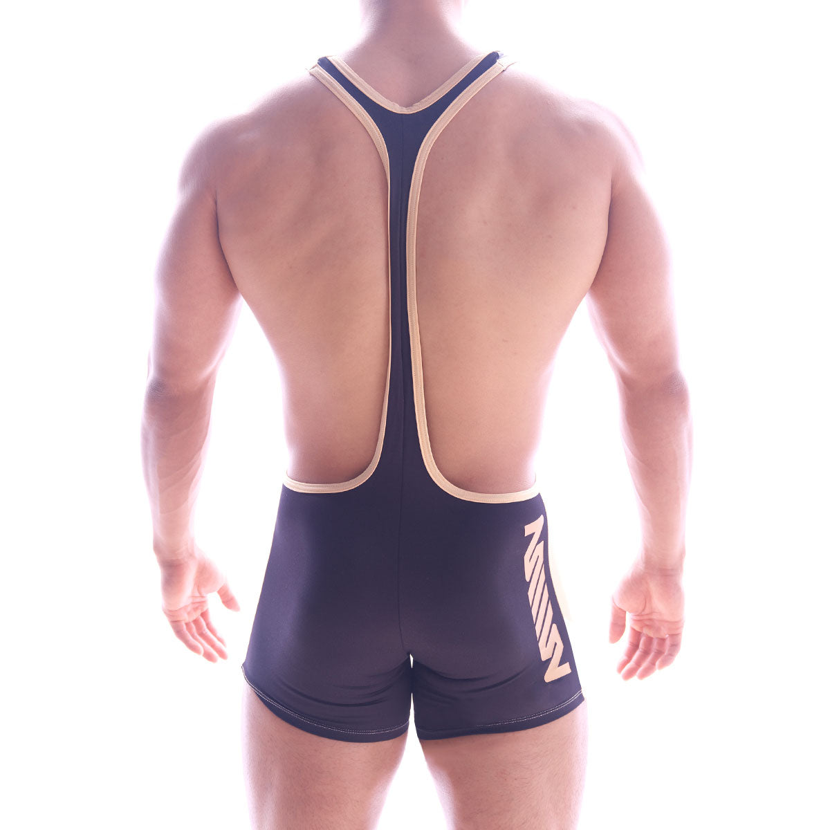 MetroMaleWear Olympian singlet black wrestling singlet with beige trim and bold stylized logo on the side