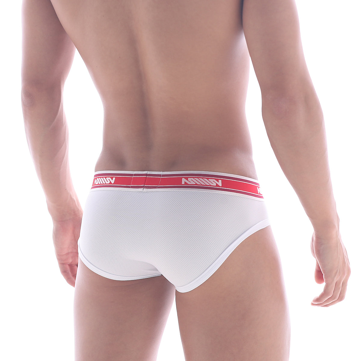 White mesh metroMalewear max mesh hip brief featuring a red waistband with annuv branding in white lettering