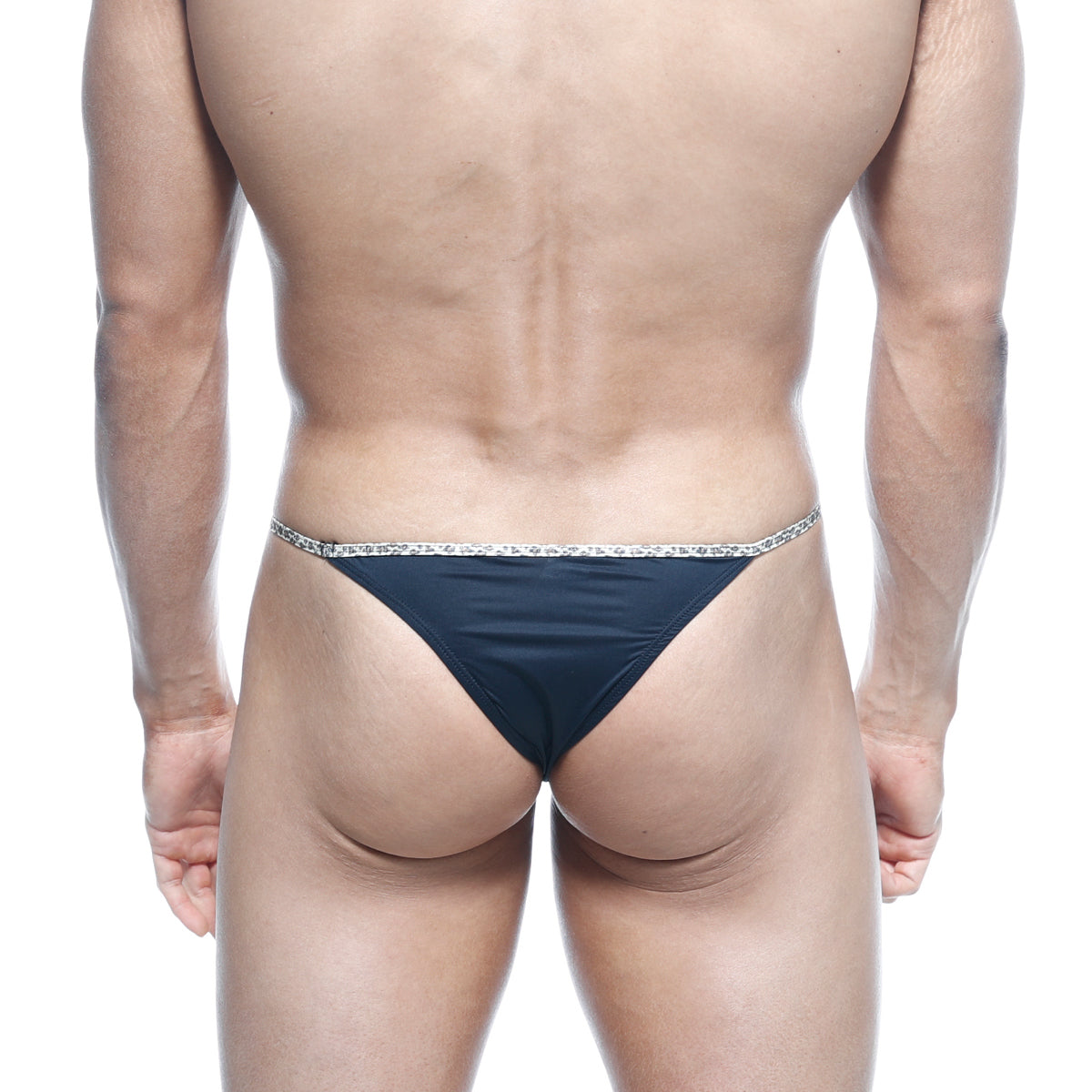 MetroMaleWear leopard string bikini black thong with sparkling silver trim ideal for stylish swimwear or lingerie use
