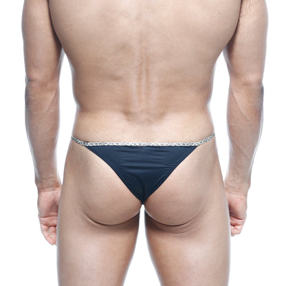 MetroMaleWear leopard string bikini black thong with sparkling silver trim ideal for stylish swimwear or lingerie use