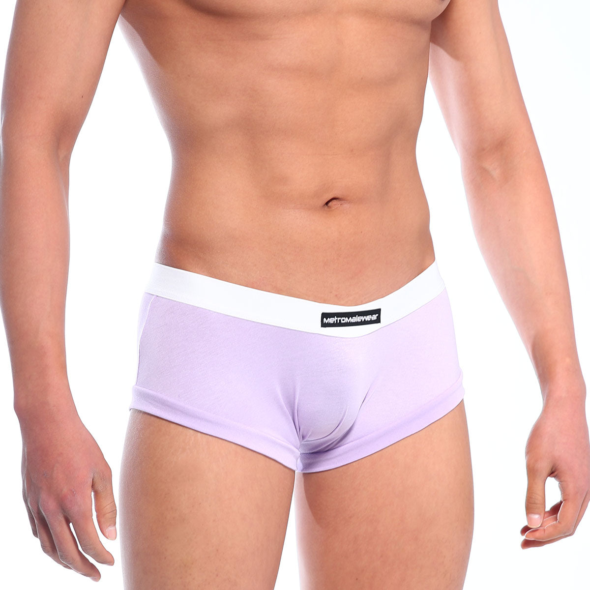 Light purple men’s briefs with a white waistband featuring the mettamalewear brand label MetroMaleWear Waistband Boxster Violet 2110-09