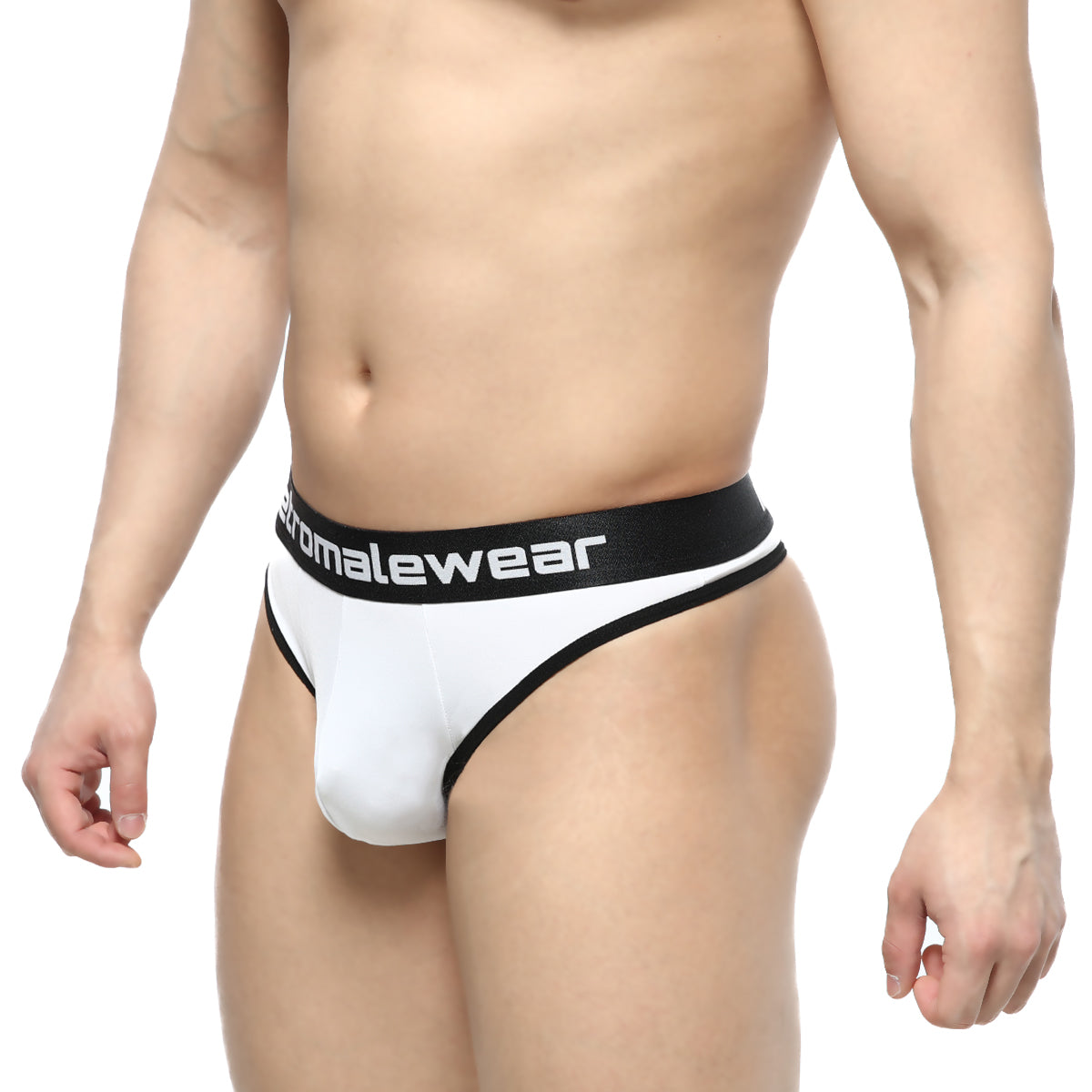 White MetroMaleWear Martini thong briefs with black trim and branded waistband designed for comfortable daily wear
