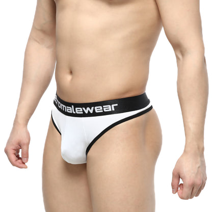 White MetroMaleWear Martini thong briefs with black trim and branded waistband designed for comfortable daily wear