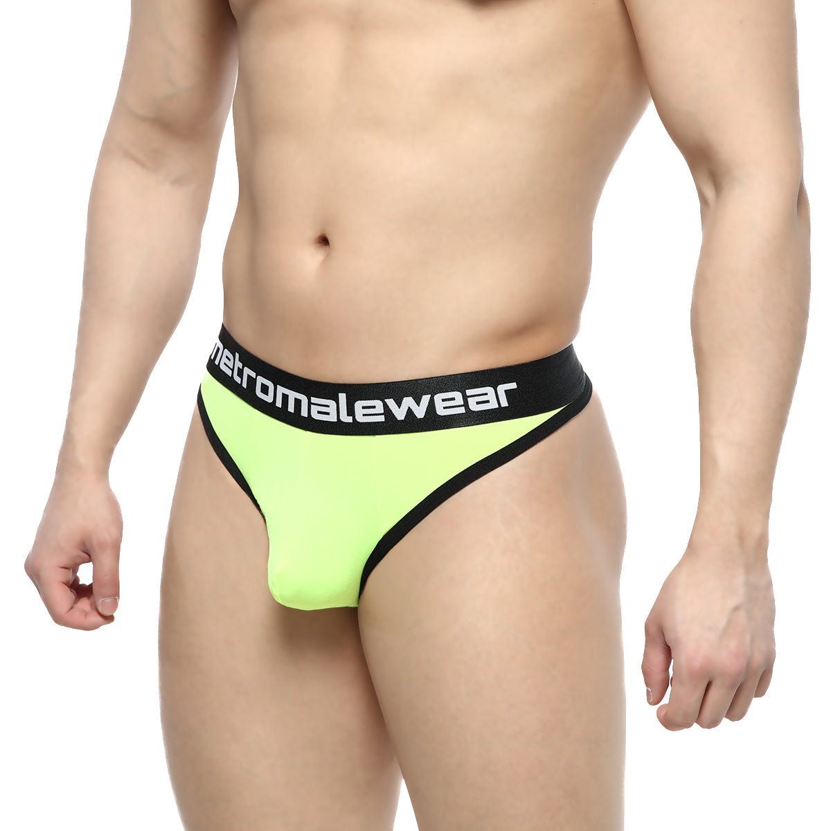 MetroMaleWear martini thong neon green bright neon green with black trim and branded waistband for men