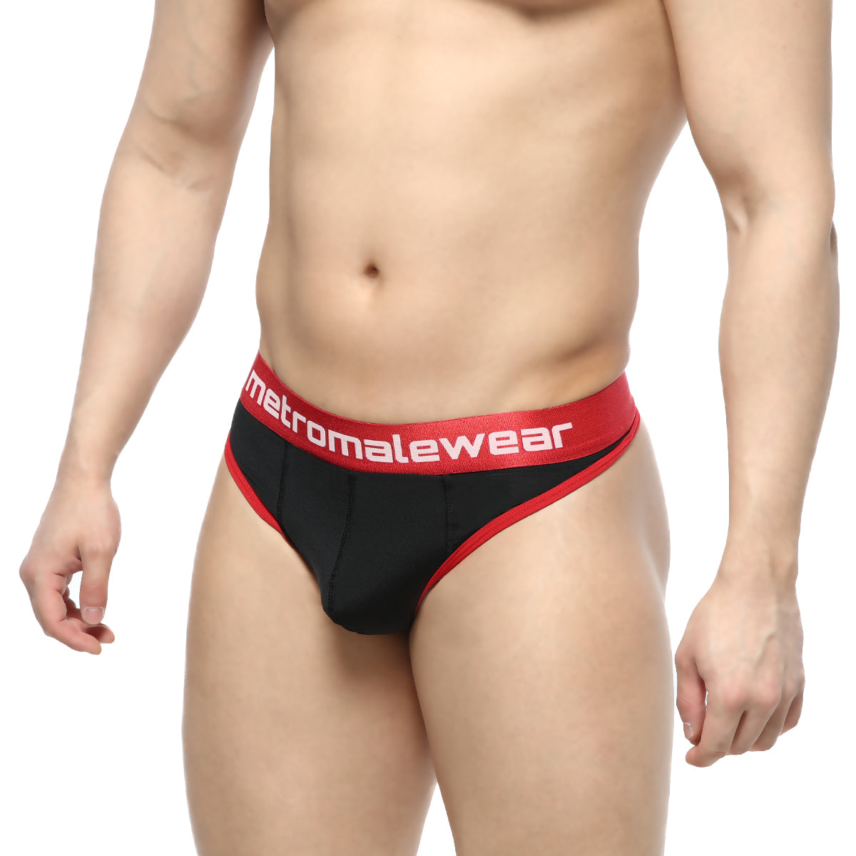Metro male wear martini thong black 2112-20 briefs in black and red with a bold contrasting waistband visible from the back