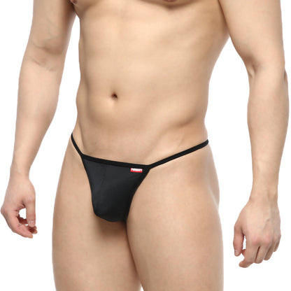 Black mesh thong with red and white logo waistband from metromalewear flex string black 2114-20 shown from front