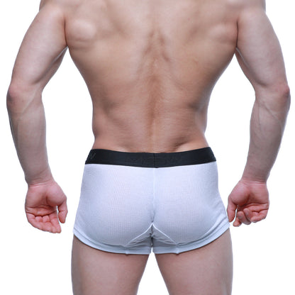 White ribbed cotton boxer briefs with black elastic waistband metro male wear voltz boxer brief white 2122-05 front view