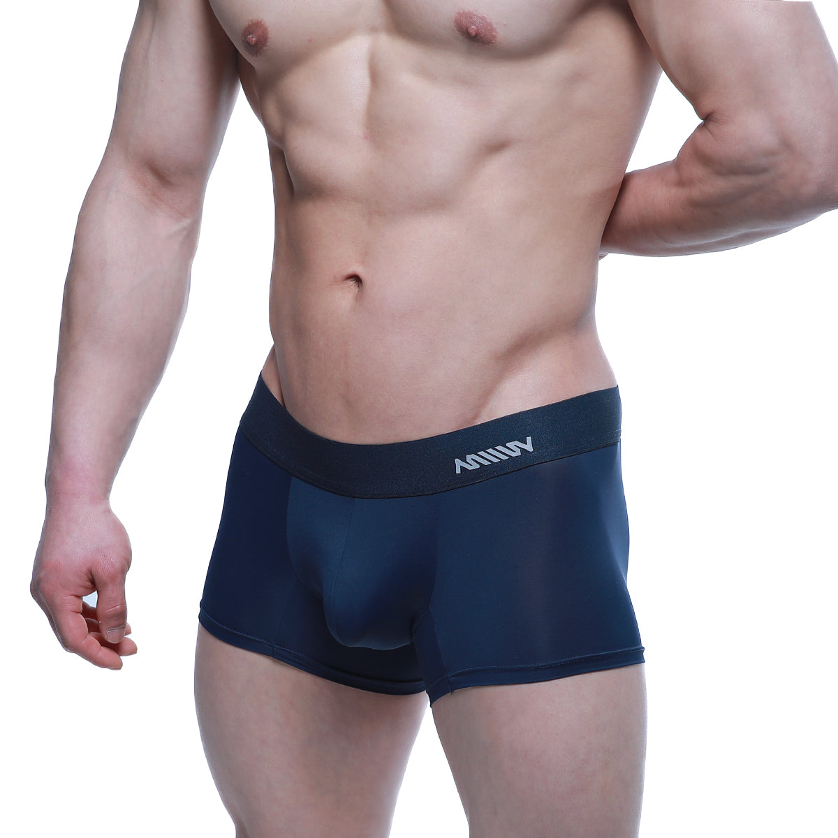Navy blue athletic boxer briefs with black waistband and annuy branding from metromalewear maintenant boxer brief dark blue 2122-28