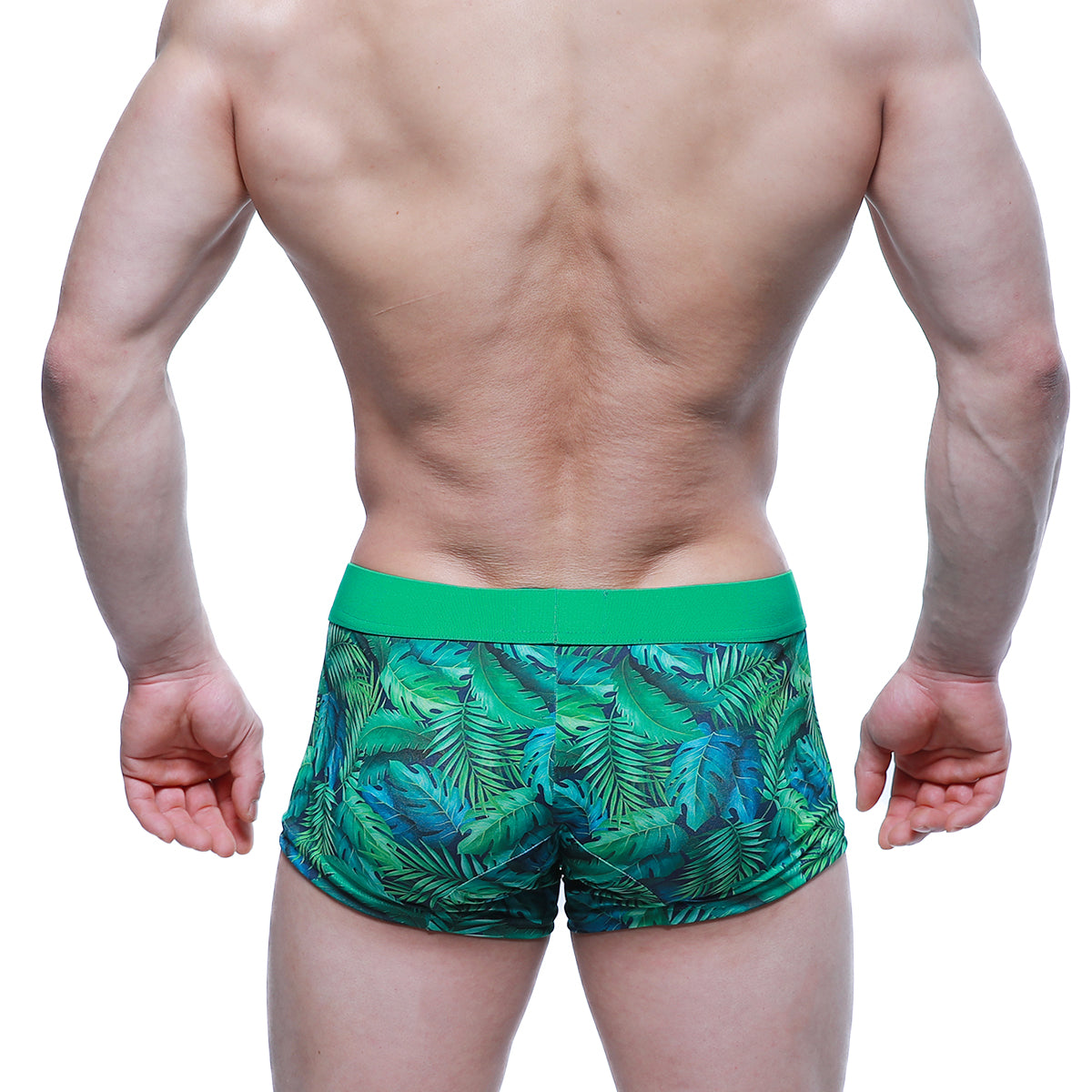 MetroMaleWear Maintenant boxer brief swim trunks with green tropical leaf pattern and solid green waistband