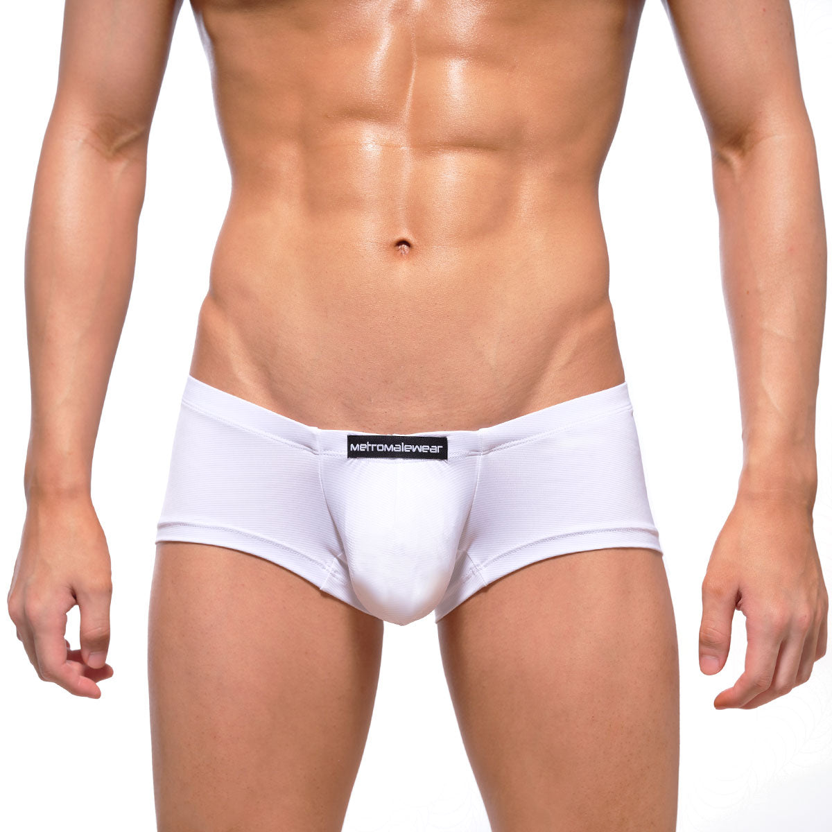 White men’s briefs metro male wear oscar boxer with ribbed texture and black brand label at waistband