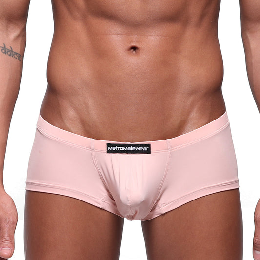 Pink mens briefs from metromalewear with a black logo label on the waistband in dusty pink color