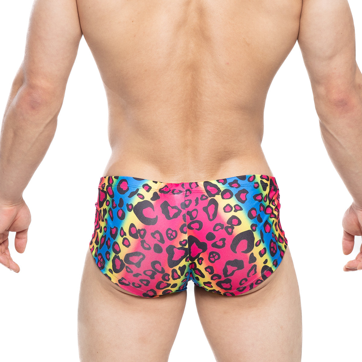 MetroMaleWear character trunk 2125-16 vibrant rainbow leopard print swim trunks in bold pink yellow and blue hues