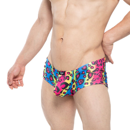 MetroMaleWear character trunk 2125-16 vibrant neon leopard-print swim trunks in pink blue and yellow gradient