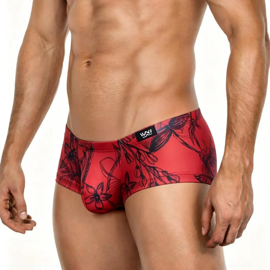 Red trunk underwear with floral pattern made of stretchy material shown on a model by MetroMaleWear M2W