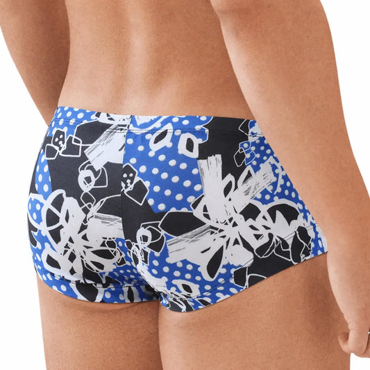 Men's trunk in blue with abstract black and white patterns featuring a comfortable fit by MetroMaleWear.