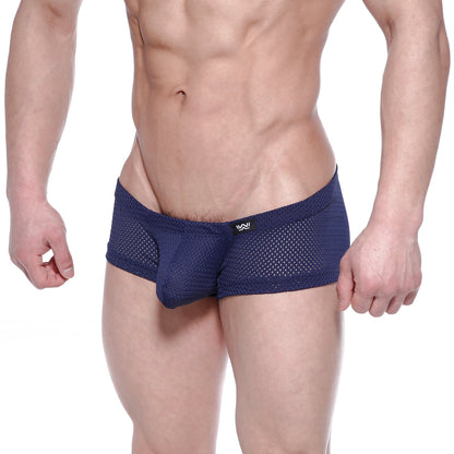 Navy blue mesh boxer briefs with subtle metro male wear logo on waistband for comfortable everyday wear