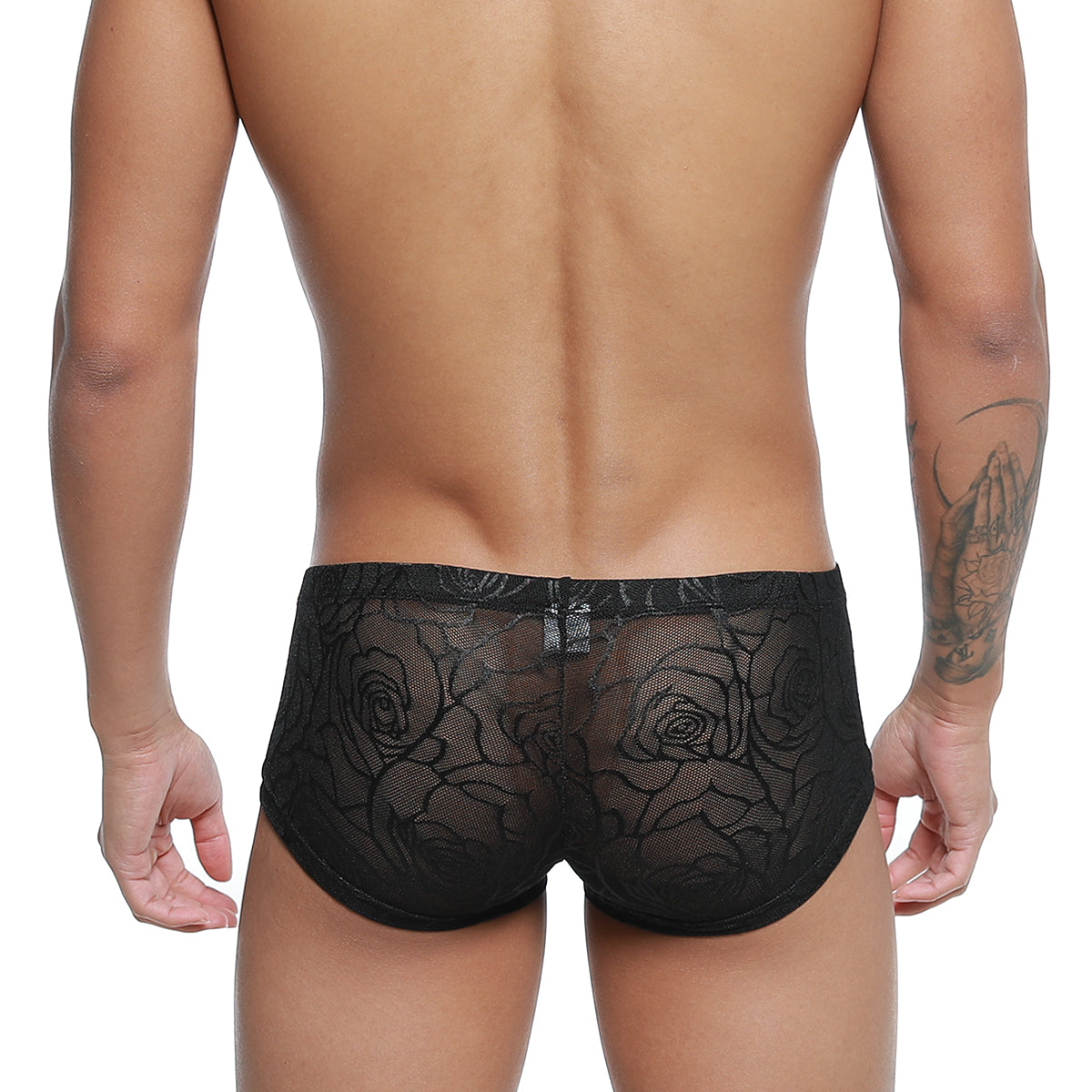 Black lace briefs with intricate rose pattern from metromalewear rosa trunk 2125-31 front view