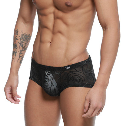 Black lace mens briefs metroMalewear rosa trunk 2125-31 with intricate rose pattern and subtle mesh texture