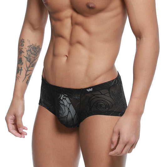 Black lace mens briefs metroMalewear rosa trunk 2125-31 with intricate rose pattern and subtle mesh texture