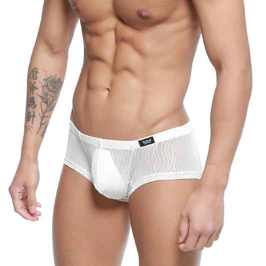 White mesh briefs with a solid white pouch and subtle wavy texture featuring a black logo tag on the waistband from MetroMaleWear Sedosa Trunk 2125-32