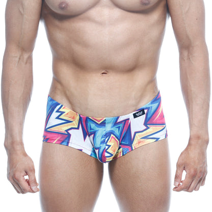 MetroMaleWear Oscar Boxer Atractivo 2125-33 swim trunks with bold blue pink and yellow geometric comic-book patterns