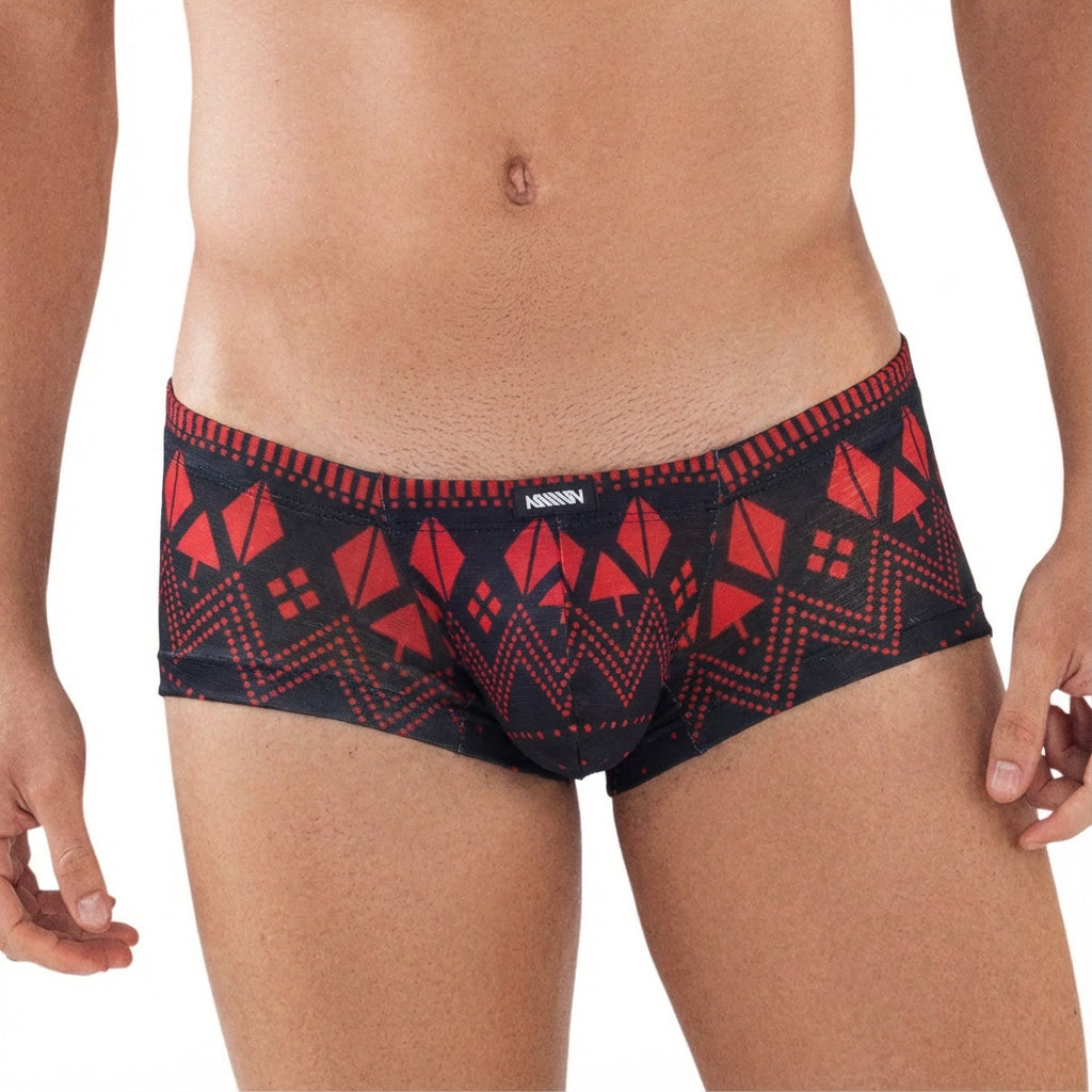 Men’s black and red geometric pattern briefs with bold tribal-inspired design MetroMaleWear spade trunk 2125-36