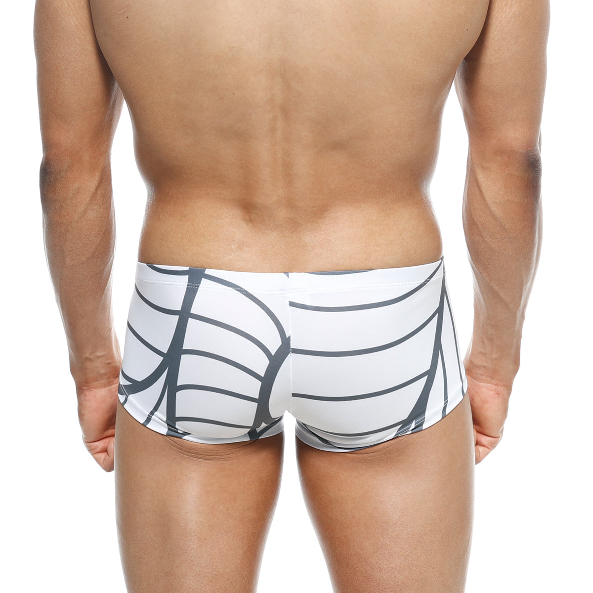 MetroMaleWear Oscar boxer swim trunks in white with bold black geometric ribcage pattern for men