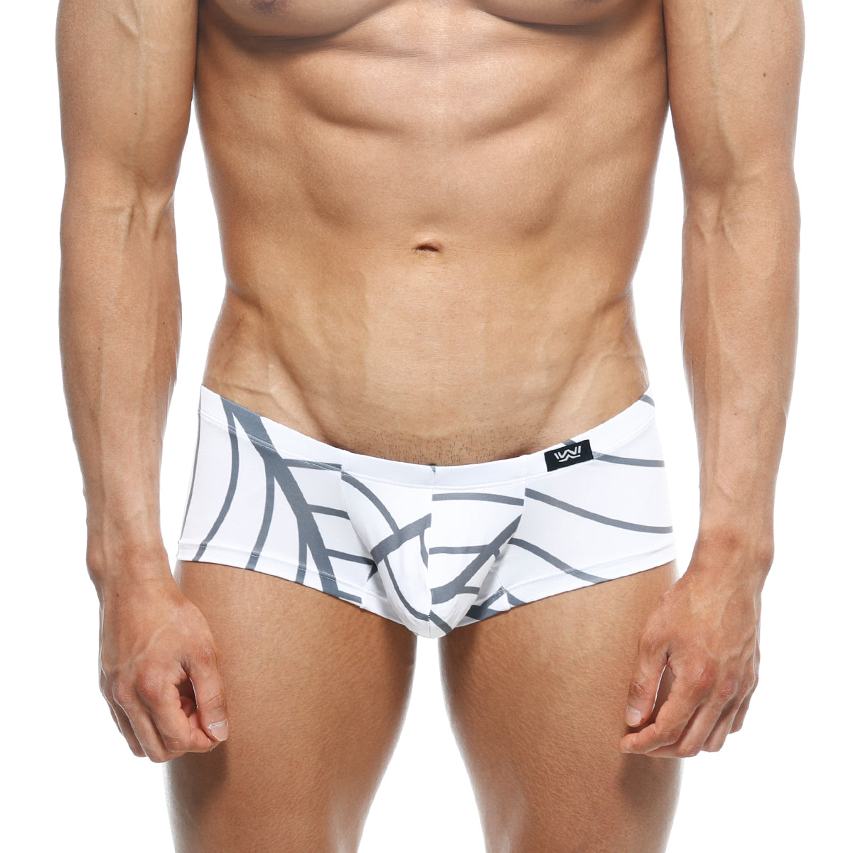 White swim trunks with bold gray abstract leaf pattern and black metroMalewear logo on waistband metroMalewear Oscar boxer