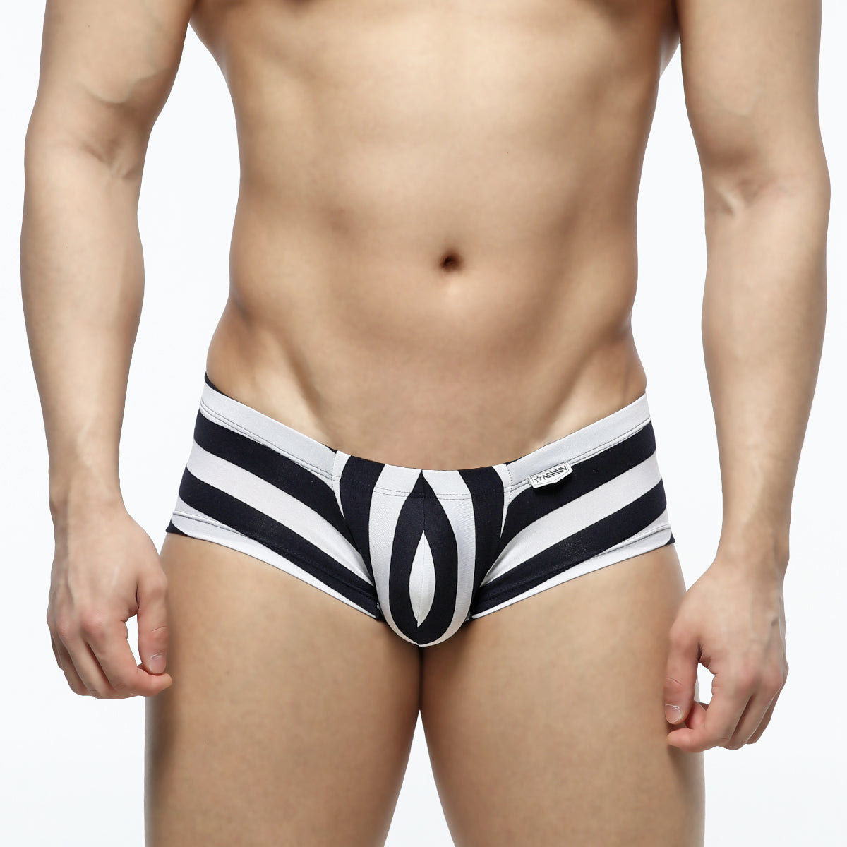 Black and white striped mens briefs with bold geometric pattern by metromalewear oscar boxer stripe 2125-41
