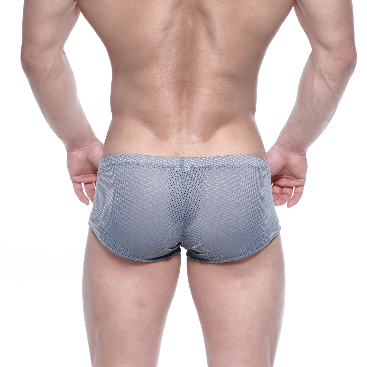 MetroMaleWear Oscar boxer gray mesh briefs with subtle pattern and black trim shown from front side