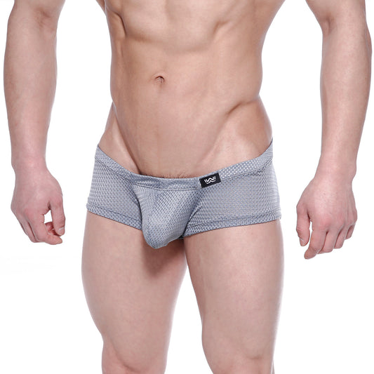 MetroMaleWear Oscar boxer gray mesh briefs with subtle dotted pattern and black logo on waistband front view