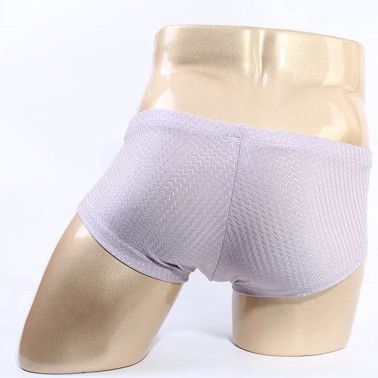 Light gray men's trunk underwear by MetroMaleWear featuring a textured pattern and a comfortable waistband shown on a mannequin.