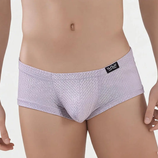 Light purple men's trunk made of soft fabric with a textured pattern featuring a logo waistband by MetroMaleWear.