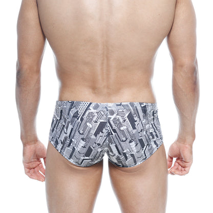Black and white graphic swim trunks with cityscape pattern from metromalewear oscar boxer metro 2125-48