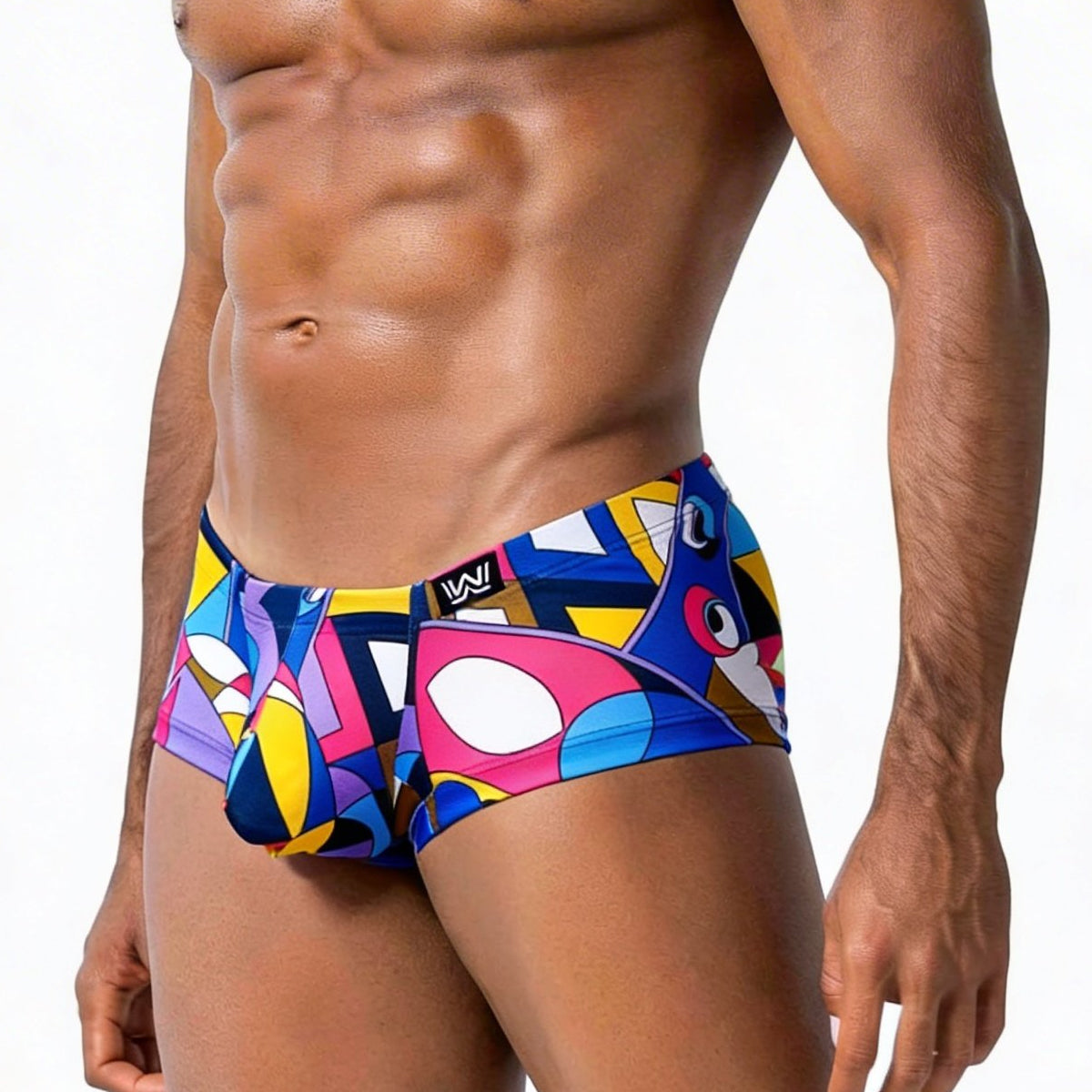 Vibrant abstract-patterned metroMalewear picasso trunk 2125-51 men’s swim trunks in bold blue pink yellow and purple hues