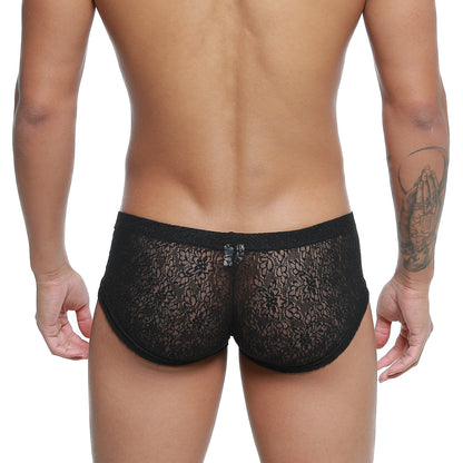 Black lace briefs with delicate floral pattern and solid black waistband from MetroMaleWear Bordado Trunk Black 2125-53