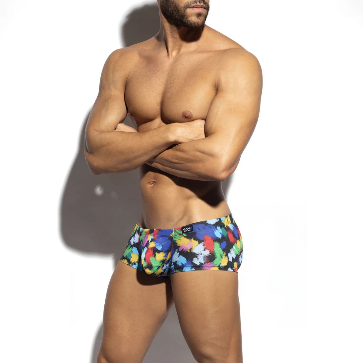 MetroMaleWear primavera trunk 2125-58 colorful abstract paint-splatter swim trunks in blue red yellow and green on dark base
