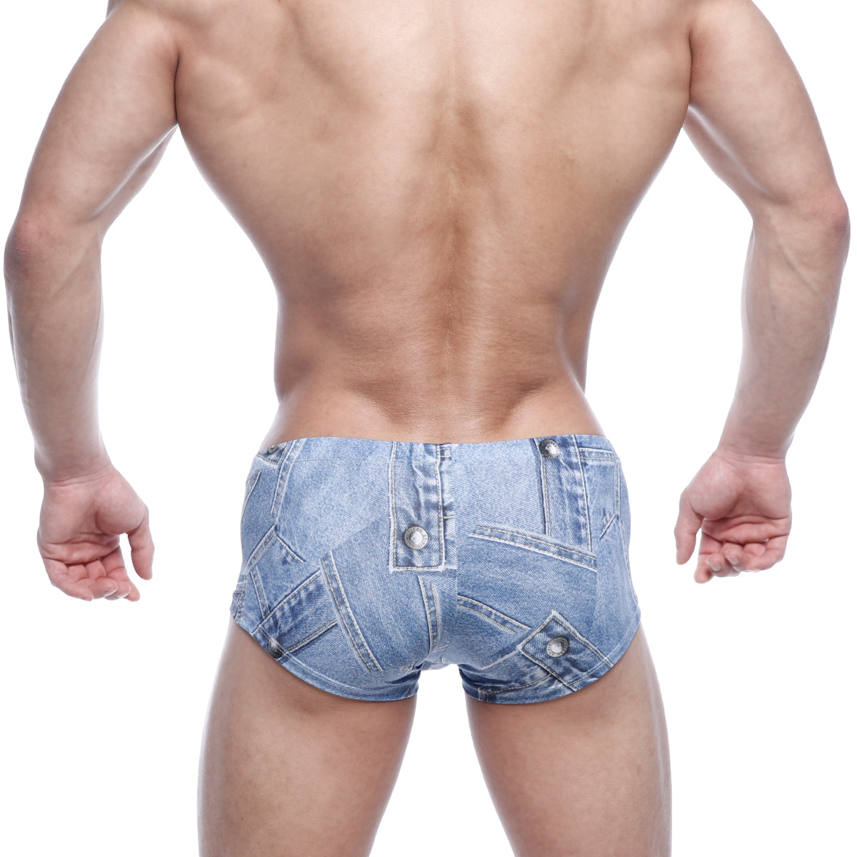 Light blue denim shorts with patchwork design multiple pockets and button details from MetroMaleWear Oscar Boxer Denim Blue 2125-62