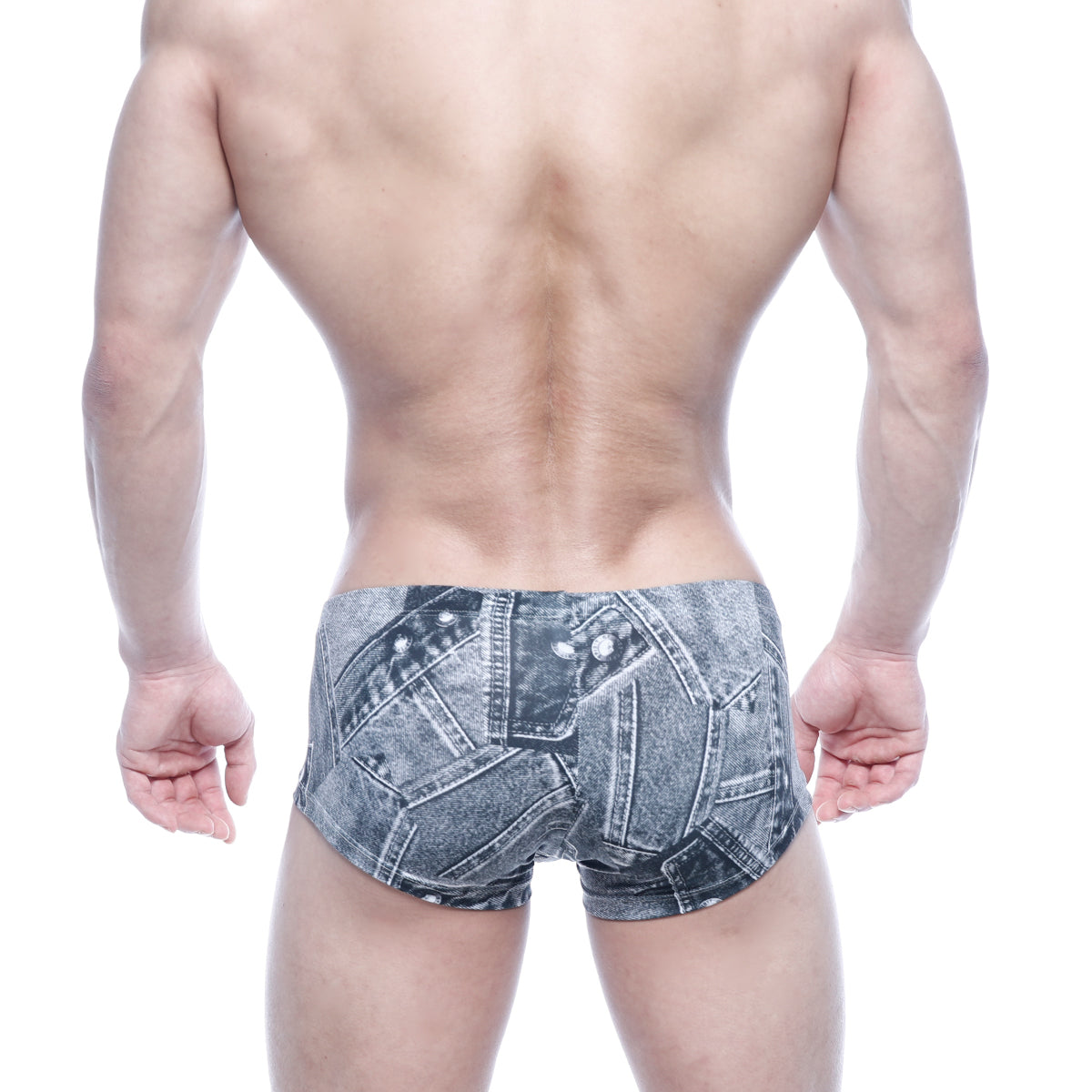 Gray denim-patterned men’s briefs with detailed stitched design by MetroMaleWear Oscar Boxer Denim Gray 2125-64