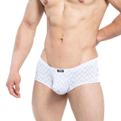 White briefs with subtle gray zigzag pattern and black brand tag on waistband from metromalewear senal trunk 2125-73
