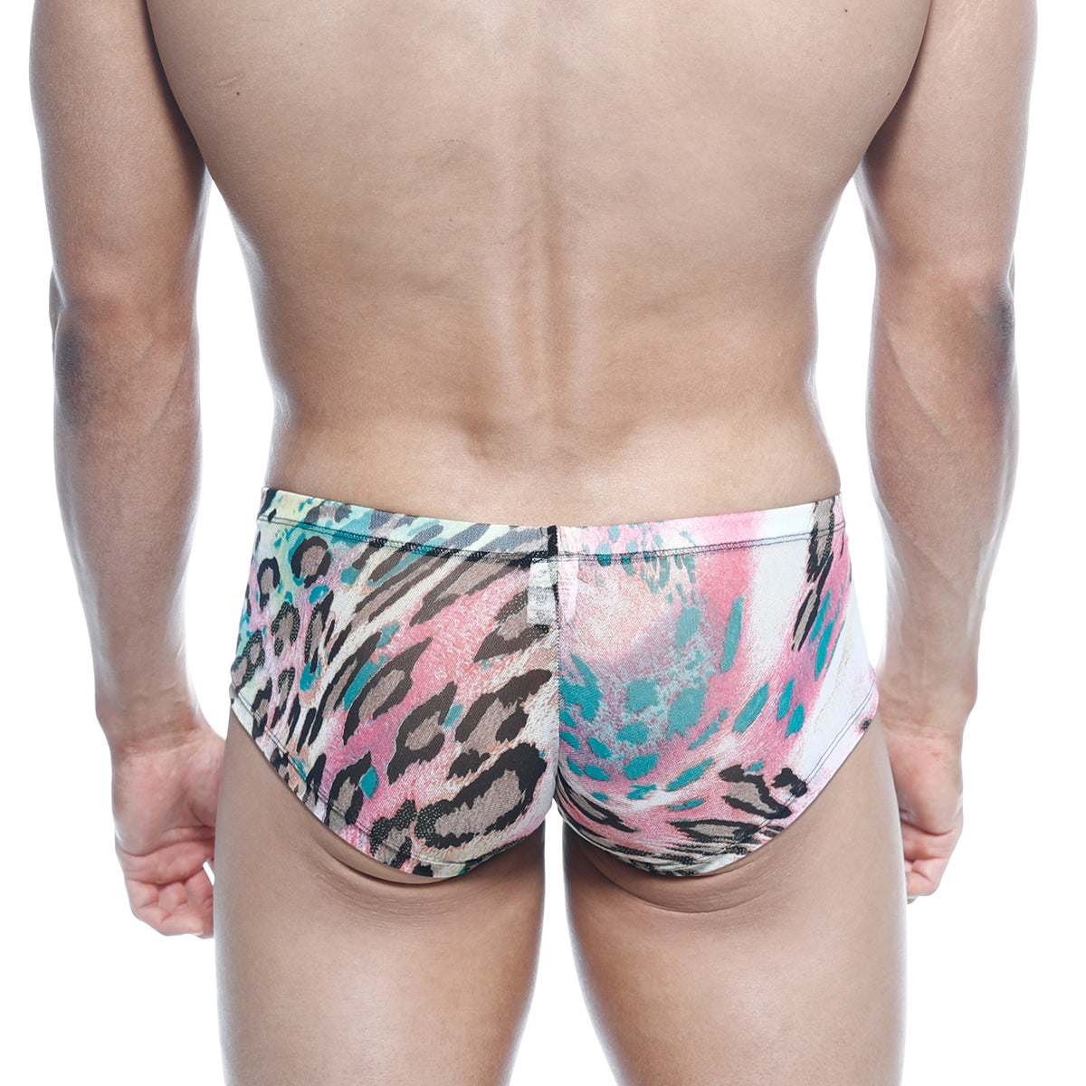 MetroMaleWear Oscar Boxer Fenrir 2125-79 vibrant pink and teal leopard-print swim trunks with glossy patterned fabric