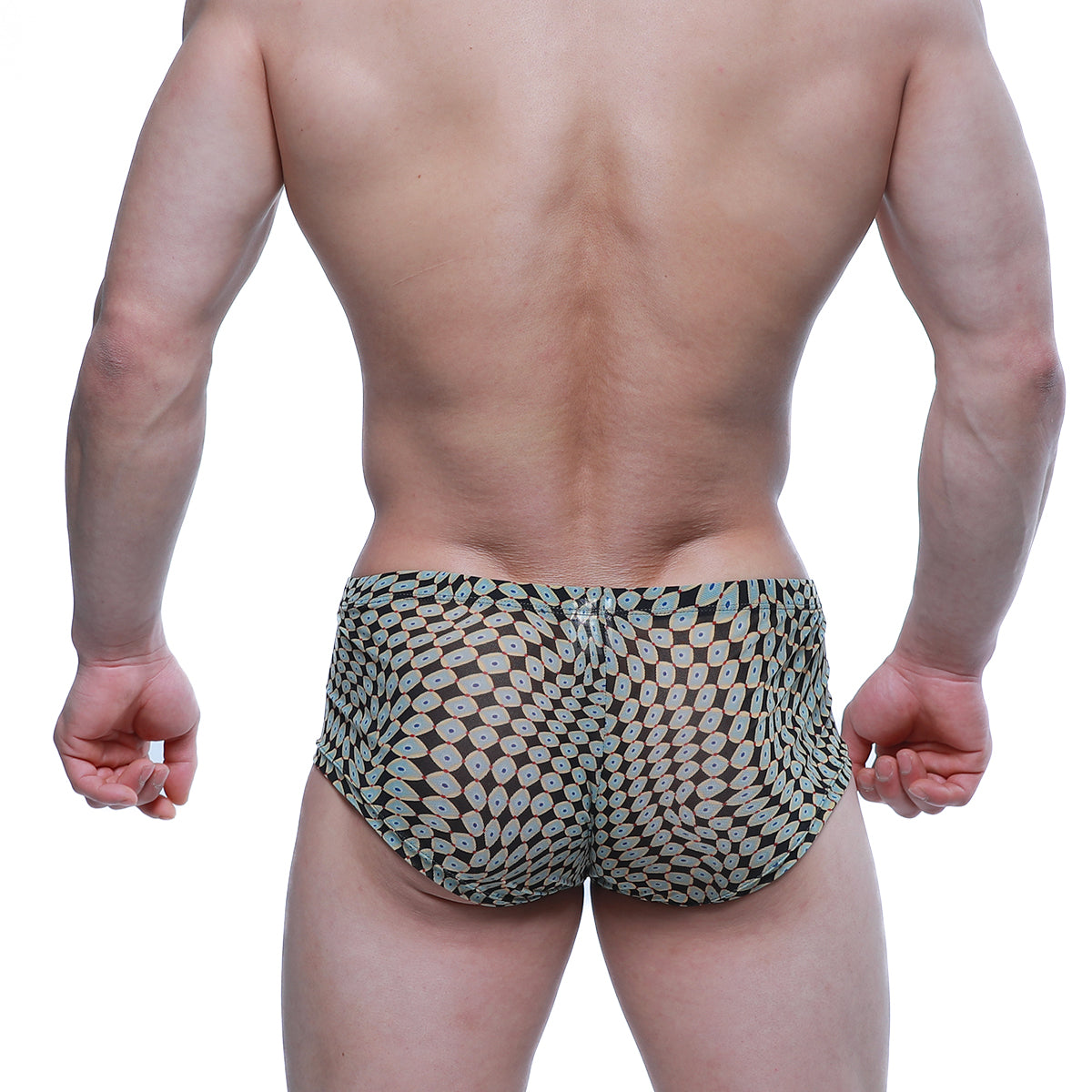 Black briefs metroMalewear Horus Trunk 2125-81 with repeating light blue and white circular motifs for men’s wear