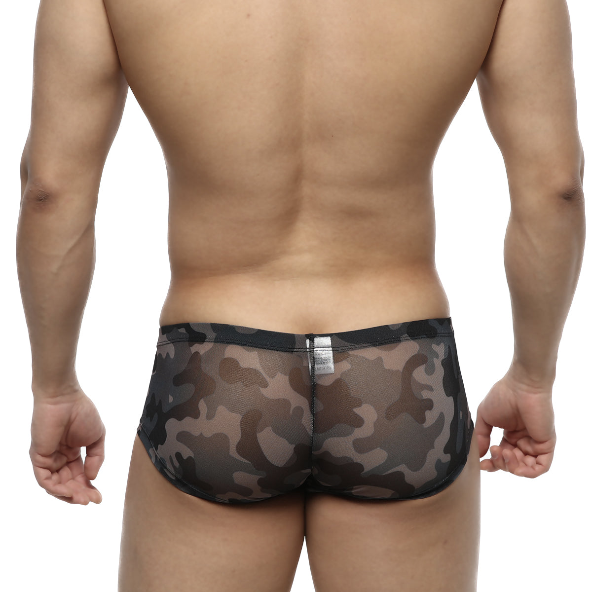 MetroMaleWear Oscar boxer camouflage sheer mesh briefs in black and brown with a camouflage pattern