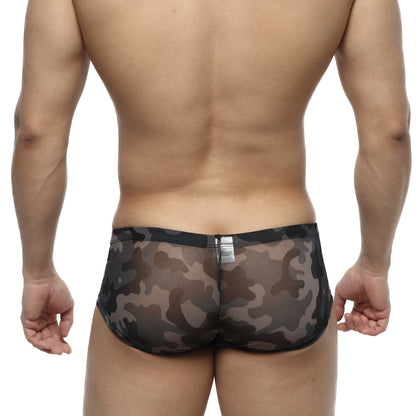 MetroMaleWear Oscar boxer camouflage sheer mesh briefs in black and brown with a camouflage pattern