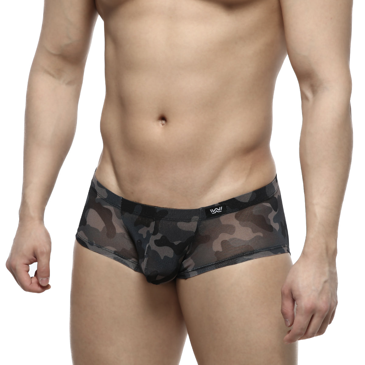 Black and gray camouflage mesh MetroMaleWear Oscar boxer briefs with a sleek, form-fitting design
