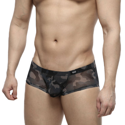 Black and gray camouflage mesh MetroMaleWear Oscar boxer briefs with a sleek, form-fitting design