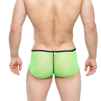Bright neon green sheer mesh briefs with black trim and central zipper closure from MetroMaleWear HONGOS Trunk Lime 2126-73